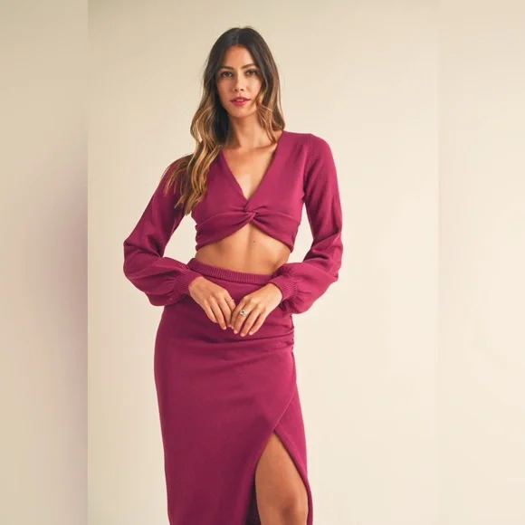 MABLE Front Twisted Knit Top and Midi Skirt Set 10010093340
